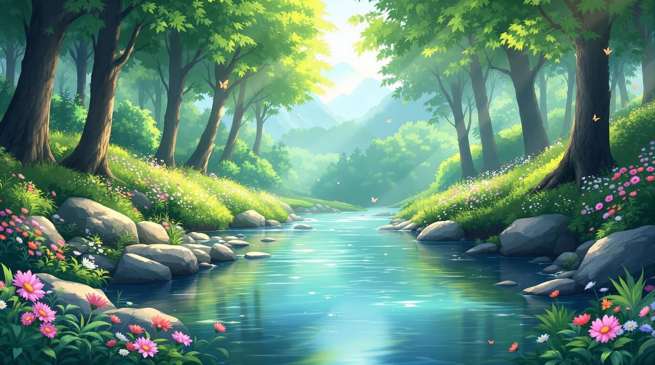 红果漫剧网页治愈剧场自然风光背景 红果漫剧网页 - 清澈甘甜的治愈剧场,山间清泉流淌在绿意盎然的森林中,晨光洒落,温暖治愈